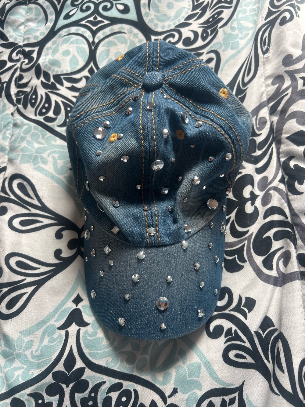 Crystal-Embellished Denim Baseball Cap - Blue